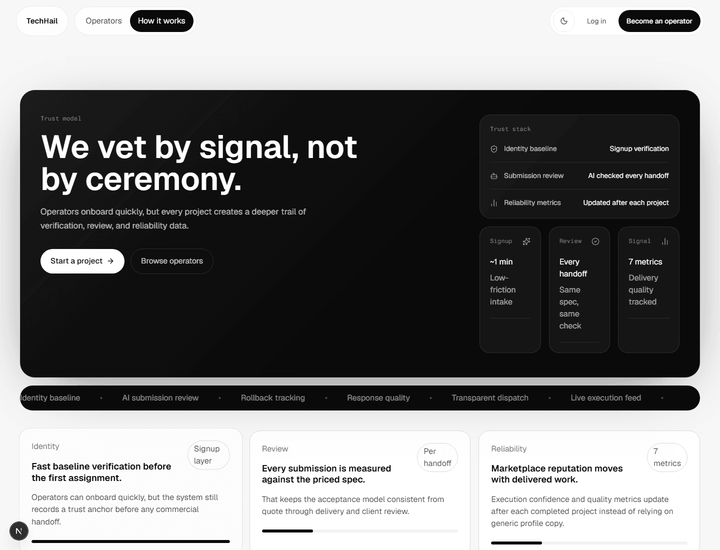 TechHail trust model page showing vetting, submission review, and reliability signals.